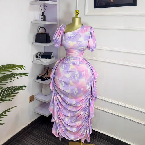 Women 2026 New Bubble Sleeve Slant Neck Printed Party Dress
