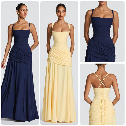 2026新款高腰A字大裙摆优雅方领褶皱连衣裙 Elegant party dress