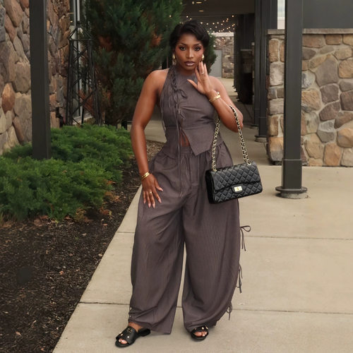 Women's 2026 casual wide leg pants shirt top set backless