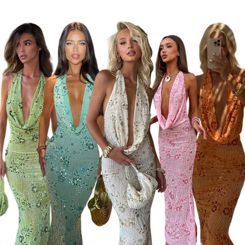 Sparkling sleeveless halter dress V-neck backless dress lady