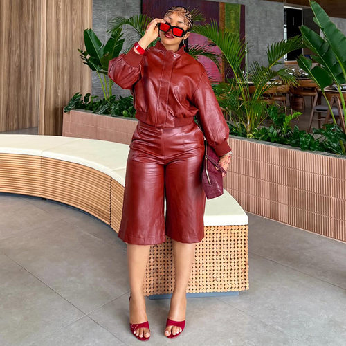 2026 fashionable PU zipper top shorts two-piece set women