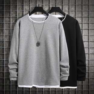 帅气假两件青少年打底衫 华夫格长袖 时尚 新款 t恤男款 2026春秋冬季