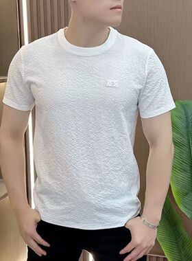 清仓捡漏外贸撤柜冰丝短袖男款夏季百搭修身白色体恤衫薄款圆领t
