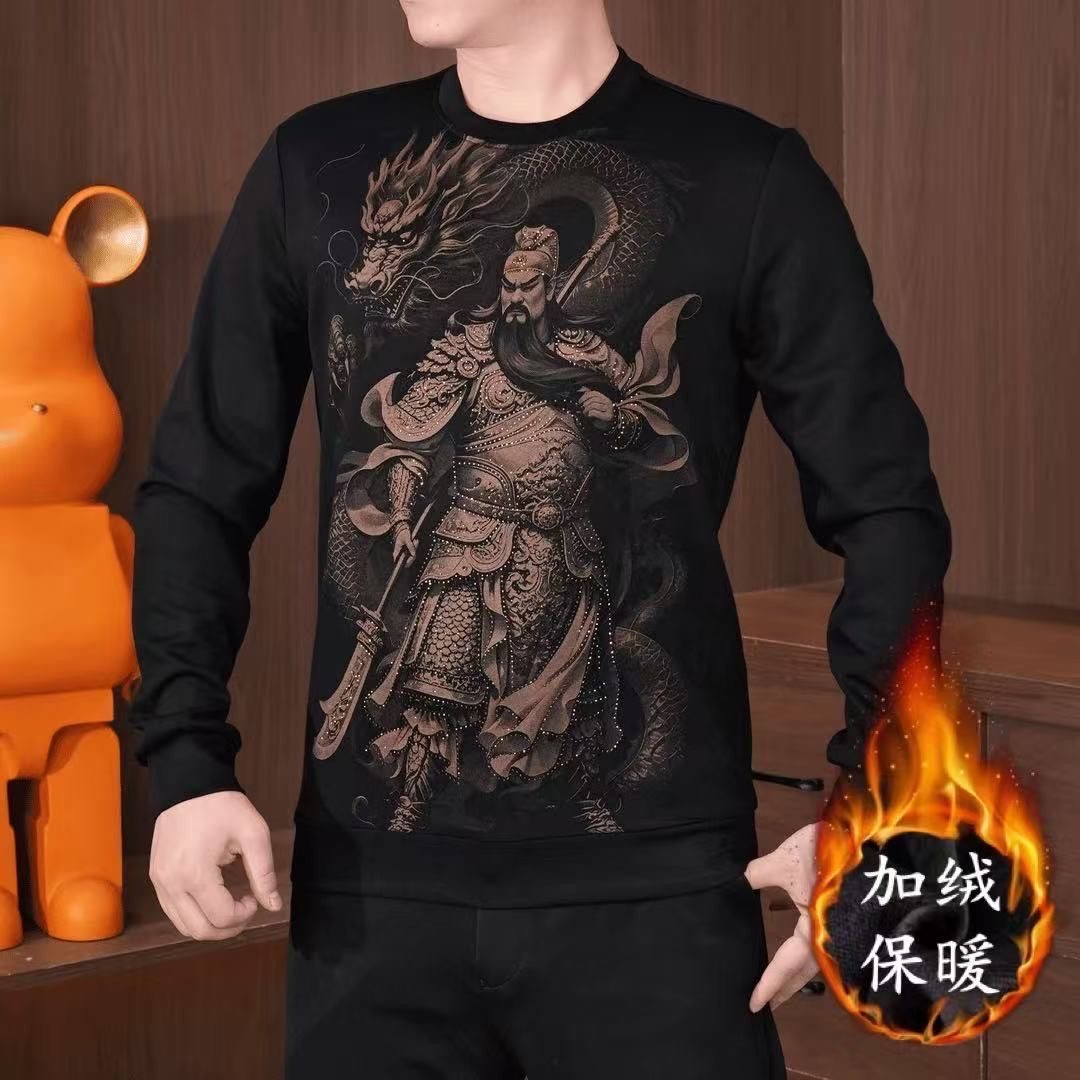 套头长袖男士潮流简约高级感国潮休闲卫衣秋冬宽松保暖加绒体恤衫