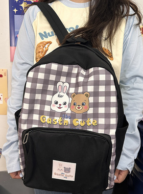 y2k千禧风多巴胺少女双肩包格子小熊卡通大容量小众可爱学生书包