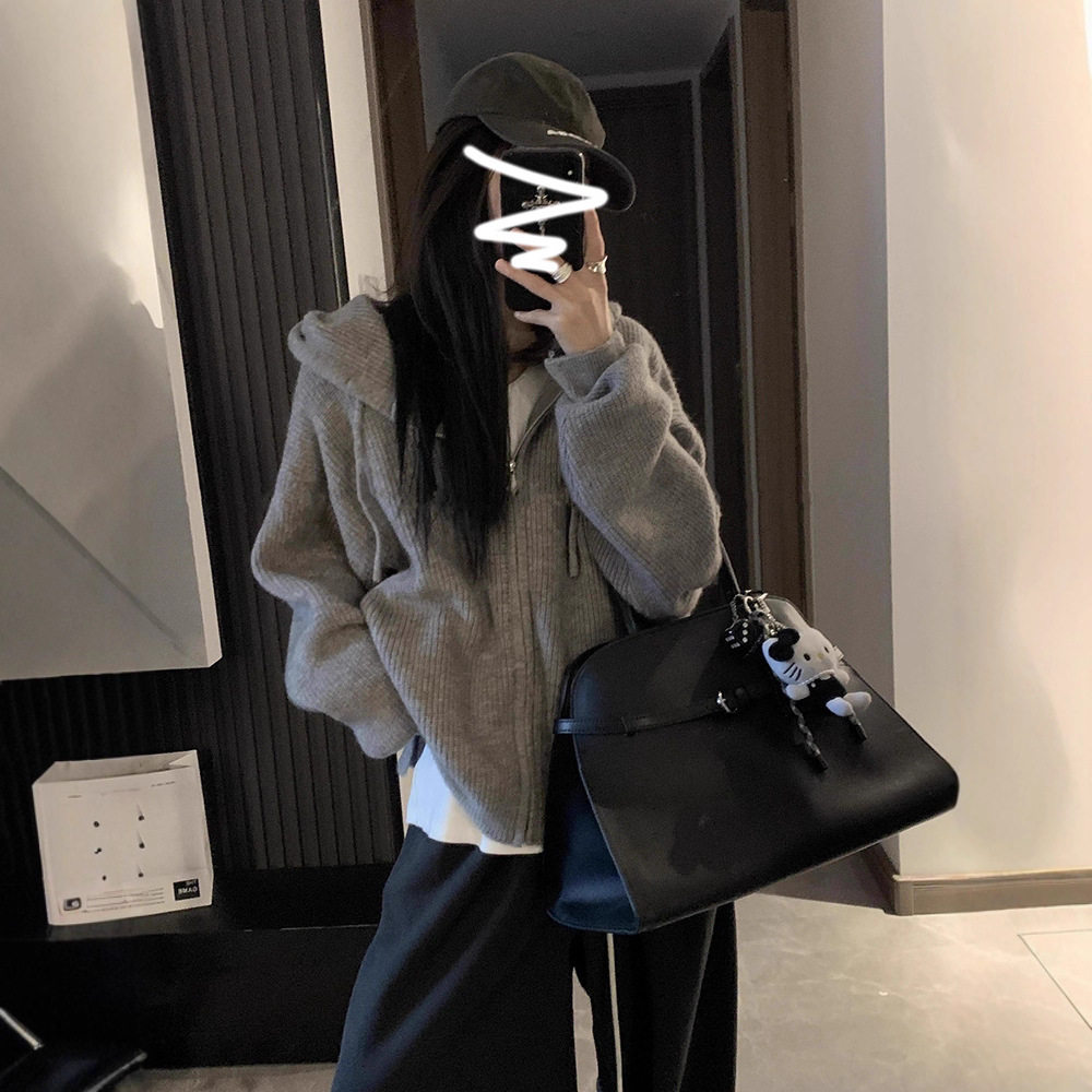 韩系连帽拉链毛衣外套女2025秋冬季新款内搭慵懒风针织开衫卫衣女