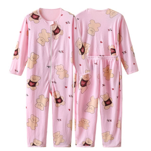 夏季女童空调服大码长袖薄款竹纤维如厕连体衣卡通家居服男童睡衣