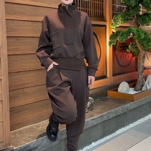 大码时尚套装女2026春季新款遮肉显瘦半拉链上衣哈伦裤子两件套潮