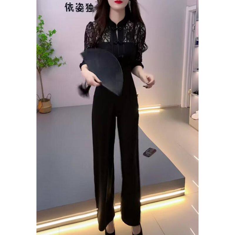 网红名媛连体裤女2026春季新款简约气质显瘦蕾丝拼接阔腿连衣长裤