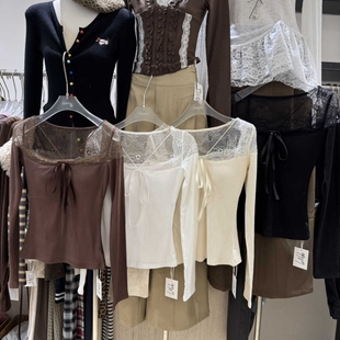 女T9909 T恤打底衫 冬上新 纯欲风性感蕾丝拼接上衣自带垫长袖