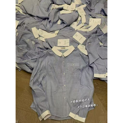 【春夏新品】高奢条纹拼色娃娃领衬衫 A18-2515