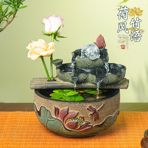 客厅荷花水晶球流水摆件小型鱼缸