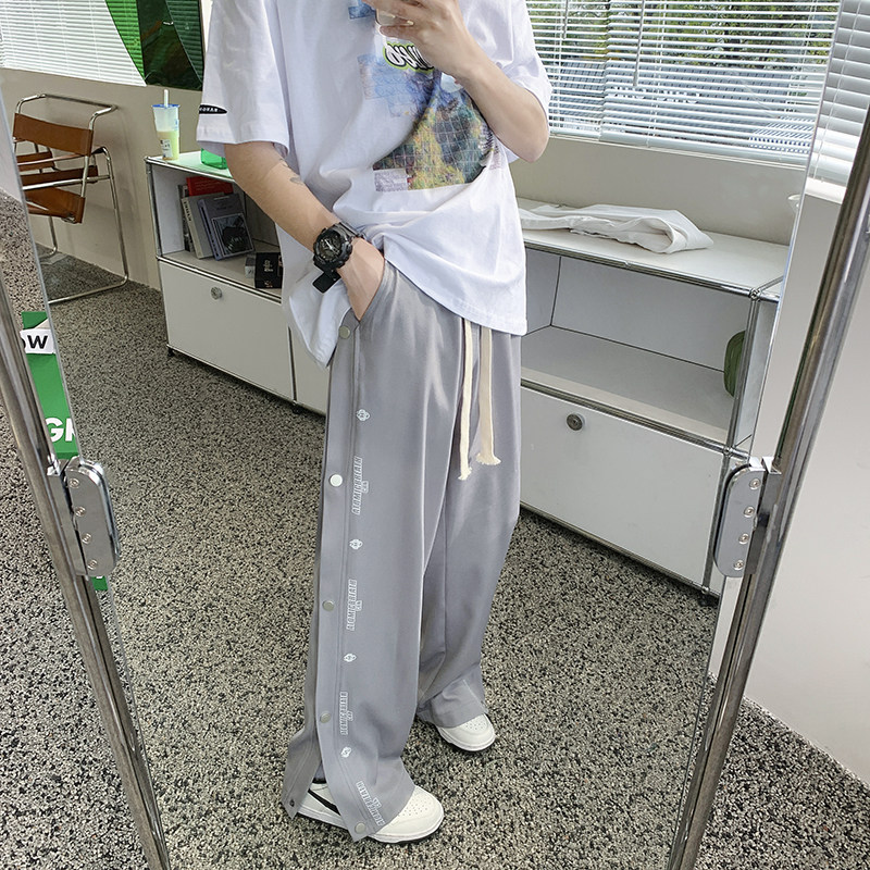 排扣冰丝休闲男夏季薄款高街ins潮牌阔腿男裤直筒裤子P50控68,男装休闲裤,电商D205