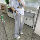 排扣冰丝休闲男夏季薄款高街ins潮牌阔腿男裤直筒裤子P50控68，男装休闲裤，电商D205