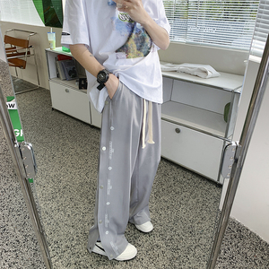 排扣冰丝休闲男夏季薄款高街ins潮牌阔腿男裤直筒裤子P50 控68图片
