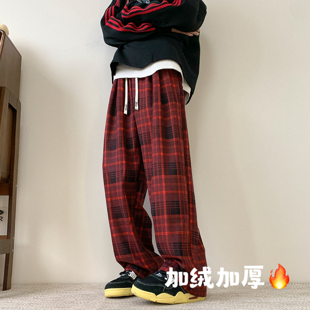 加绒加厚慵懒风磨毛格子裤直筒休闲裤不加绒P50控68加绒P60控78,男装卫衣,电商D205