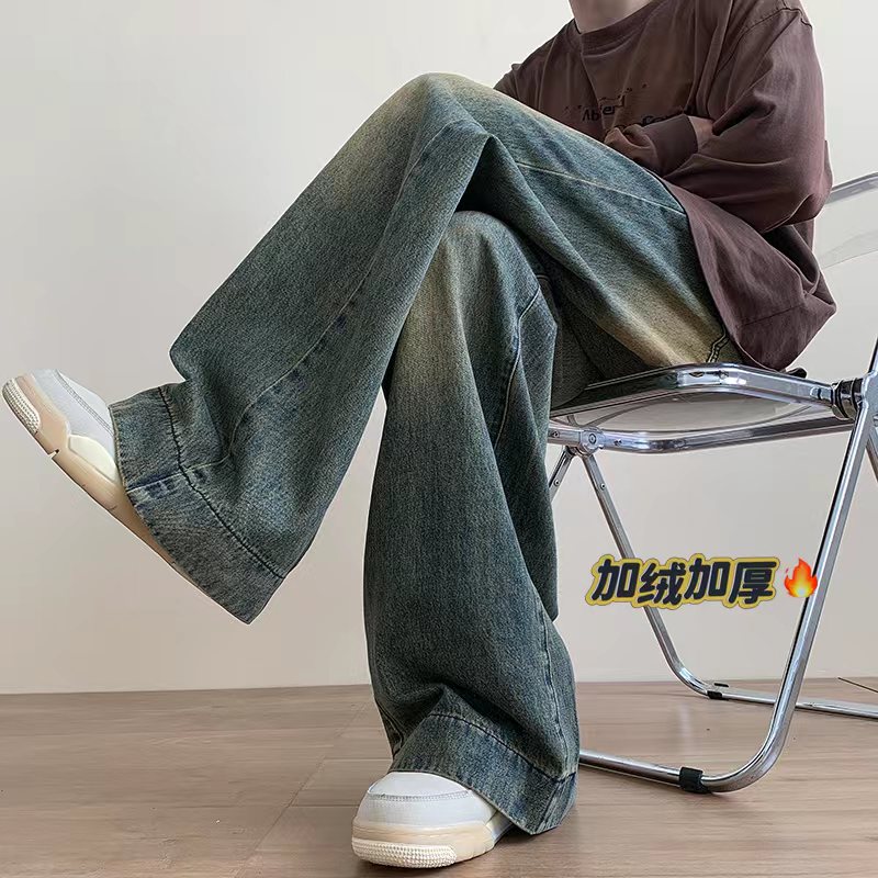 牛仔裤美式高街复古宽松阔腿裤不加绒P50控68加绒P60控78,男装牛仔裤,电商D205