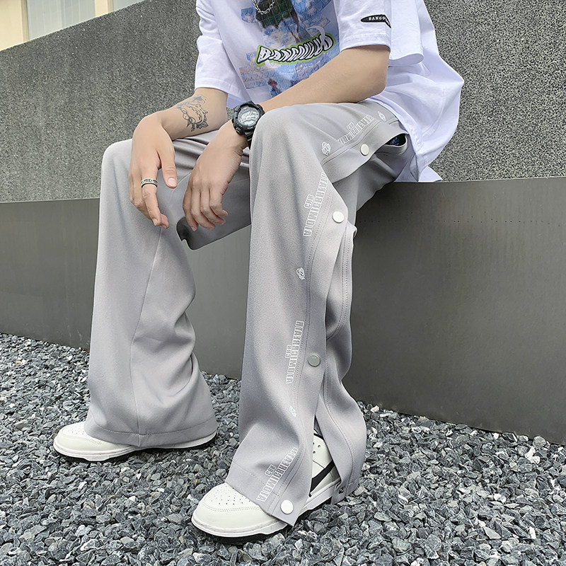 排扣冰丝休闲男夏季薄款高街ins潮牌阔腿男裤直筒裤子P50控68,男装休闲裤,电商D205
