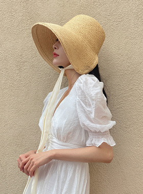 欧美春夏复古手编大檐拉菲草萝莉帽可折叠出游遮阳防晒大沿草帽子