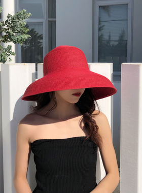 欧美优雅法式赫本风红色草帽可折叠度假沙滩帽钟型大檐防晒帽子女