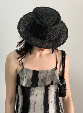 日系复古黑色短檐编织平顶礼帽男女夏天遮阳防晒沙滩草帽绅士英伦