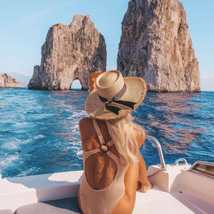 欧美风格春夏新款毛边拉菲草帽圆环顶大檐沙滩帽飘带度假遮阳帽子