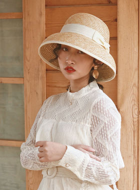 欧美风格春夏法式女白色包边复古麦秆钟型小盆帽遮阳度假沙滩草帽