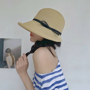 日系赫本风草帽复古防晒可折叠简约盆帽遮阳帽子女夏天度假沙滩帽