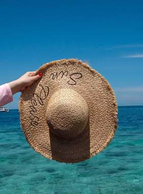 拉菲草帽子女夏天遮阳海边防晒度假字母大帽檐出游百搭沙滩帽子女