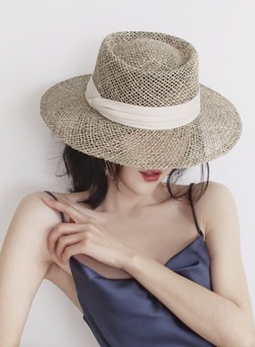 ins平顶英伦网红帽子女夏天百搭遮阳海草草帽镂空防晒度假沙滩帽