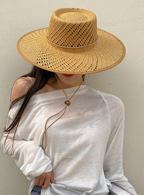欧美春夏时尚镂空编织包边系绳大檐圆环顶草帽度假沙滩防晒遮阳帽