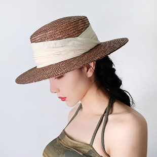 麦秆平顶草帽女海边度假遮阳帽咖色时尚优雅百搭沙滩帽子法式礼帽