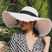 欧美法式 白色大帽檐遮阳帽可折叠度假草帽海边防晒出游沙滩帽子女