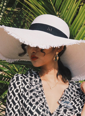 欧美法式白色大帽檐遮阳帽可折叠度假草帽海边防晒出游沙滩帽子女