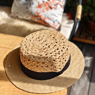法式镂空拉菲草平顶帽平檐复古遮阳帽子夏季草帽女防晒帽气质礼帽