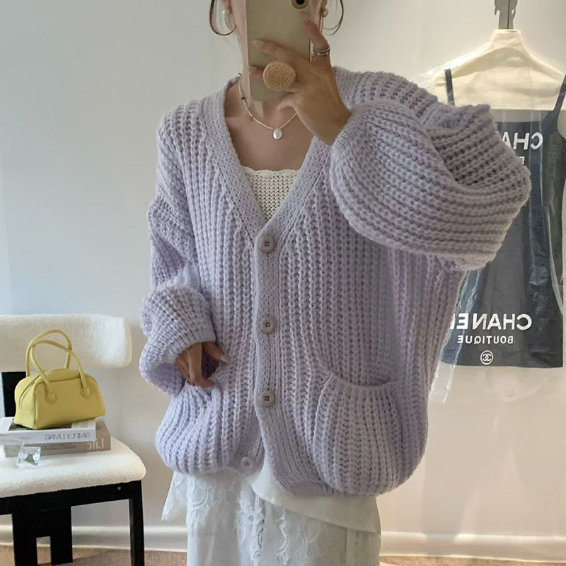 韩系温柔风软糯毛衣外套女慵懒宽松灯笼袖粗毛线针织开衫秋季新款图片