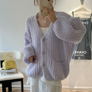 韩系温柔风软糯毛衣外套女慵懒宽松灯笼袖粗毛线针织开衫秋季新款