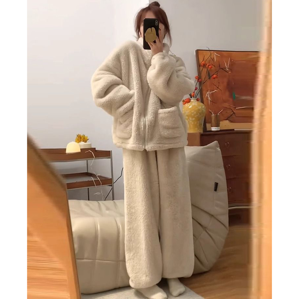 胖mm特大码300斤休闲羊羔毛绒套装女秋冬宽松保暖外套长裤两件套