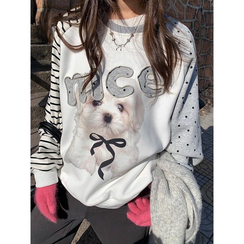 胖mm特大码230斤拼接插色设计感卫衣女春秋学生可爱卡通减龄上衣