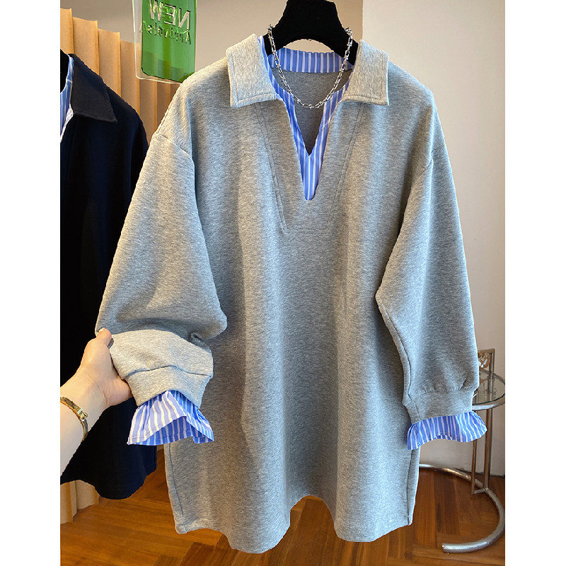 胖mm特大码300斤条纹拼接假两件卫衣女春秋宽松百搭中长款卫衣裙,女装/女士精品,大码内搭,淘宝优惠券,粉丝福利购,淘宝优惠卷