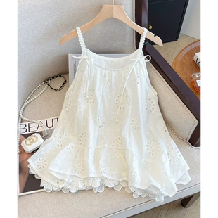 胖mm特大码 吊带背心裙女夏设计感美背上衣 300斤蕾丝镂空刺绣无袖