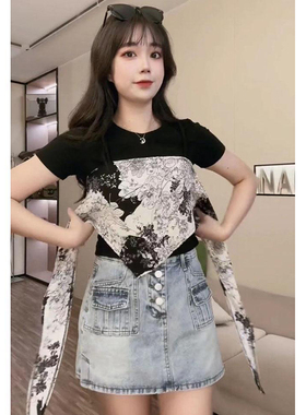 胖mm特大码300斤内衣外穿假两件拼接碎花绑带T恤上衣女夏短款小衫