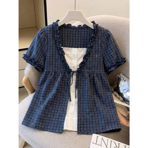 胖mm特大码300斤假两件格子正肩短袖衬衫女夏宽松减龄娃娃衫上衣