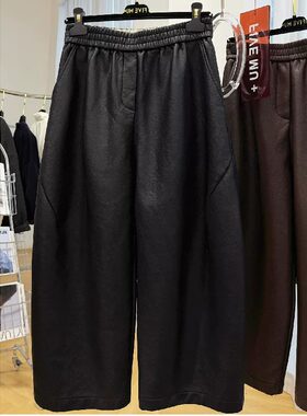 胖mm大码300斤高级感纯色pu皮裤女秋冬宽松加绒加厚松紧腰休闲裤