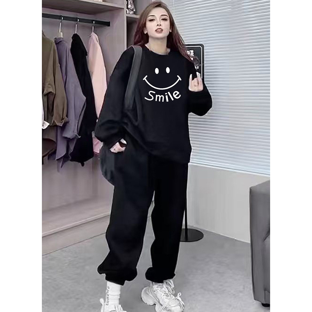 胖mm特大码300斤笑脸印花卫衣休闲套装女秋冬加绒厚款长裤两件套
