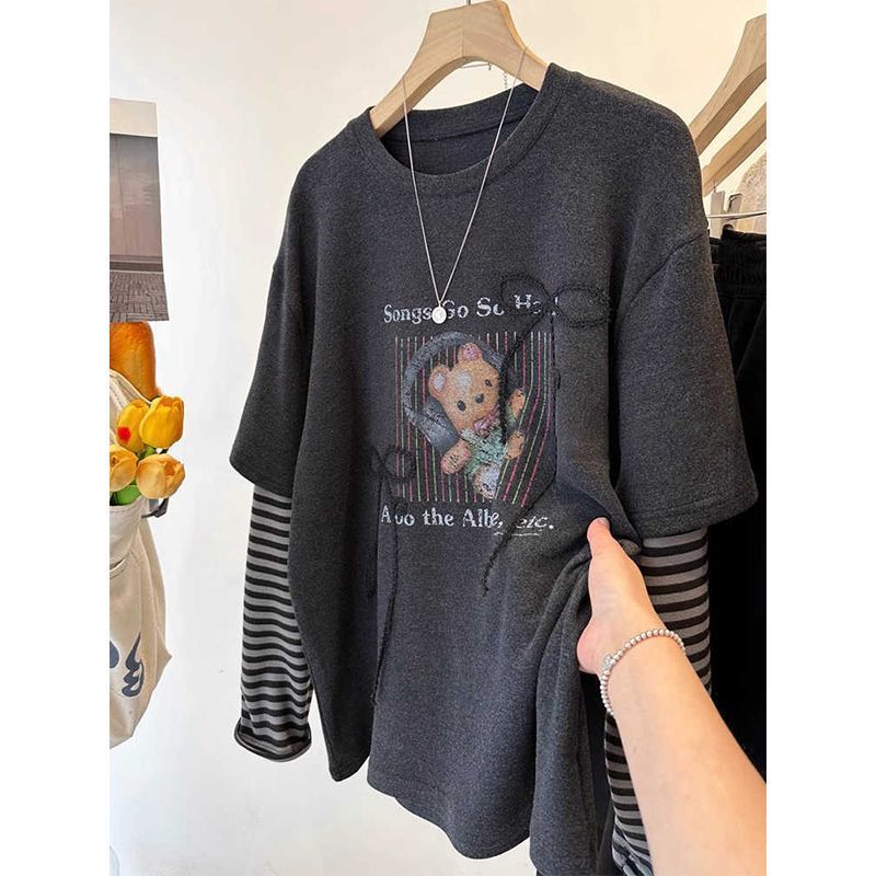 胖mm特大码300斤设计感T恤男女春秋宽松假两件拼接长袖情侣款上衣