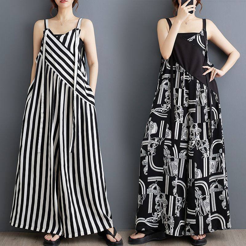 胖mm特大码2-300斤法式时尚连体裤背带阔腿裤拼接吊带连体衣女夏