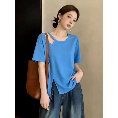 胖mm特大码300斤韩系不规则露肩蓝色短袖T恤女夏洋气减龄小衫上衣