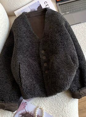 胖mm特大码300斤韩版羊羔毛绒短款外套女秋冬宽松高级感气质上衣