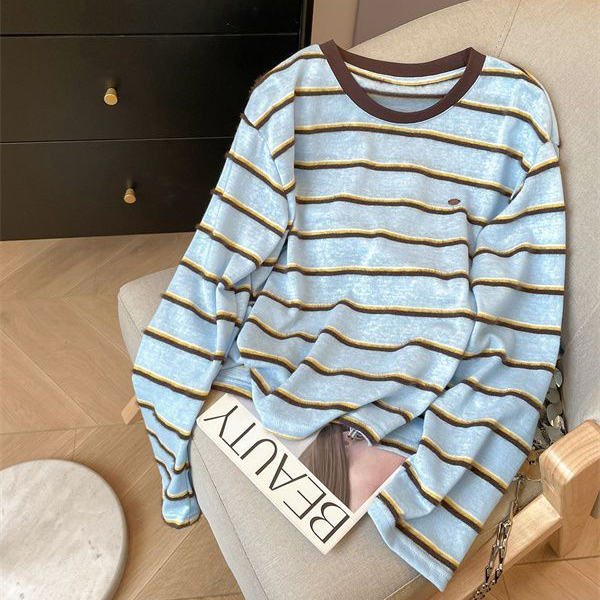胖mm特大码2-300斤复古港风条纹撞色领打底衫女春秋薄款长袖T恤衫